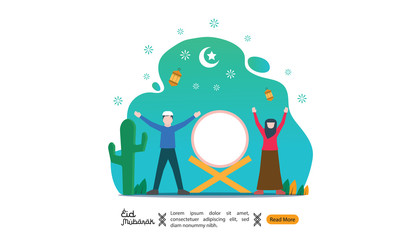 islamic illustration concept for Happy eid mubarak or ramadan. Moeslem celebrates islamic event. template for web landing page, banner, presentation, social, poster, ad, promotion or print media.