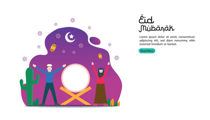 islamic illustration concept for Happy eid mubarak or ramadan. Moeslem celebrates islamic event. template for web landing page, banner, presentation, social, poster, ad, promotion or print media.