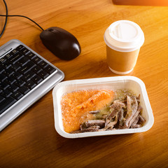 Business lunch at working place. Healthy, diet food take away in boxesTop view, flat lay, frozen food, food delivery