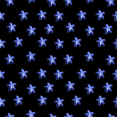 Watercolor seamless floral pattern of small blue flowers on black background. Seamless pattern for printing on paper, textile, fabric.