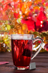 Hot drink with hibiscus red tea teabag in glass on wooden background