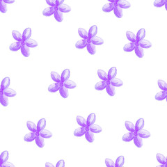 Watercolor seamless floral pattern of small purple flowers on white background. Seamless pattern for printing on paper, textile, fabric.