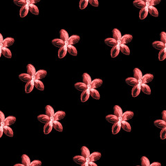 Watercolor seamless floral pattern of small red flowers on black background. Seamless pattern for printing on paper, textile, fabric.