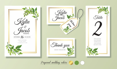 Wedding Invitation, menu, thank you, label, table number card. Floral design with green & gold watercolor leaves decorative frame print. Vector elegant cute rustic greeting, invite, postcard 