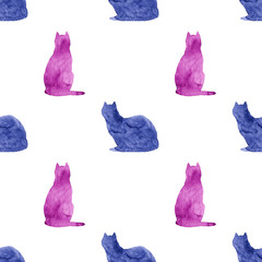 Watercolor seamless pattern with cats isolated on white background