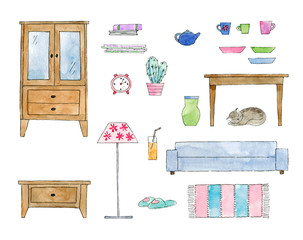 Watercolor illustration. Furniture set isolated on white background.