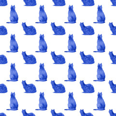 Watercolor seamless pattern with cats isolated on white background