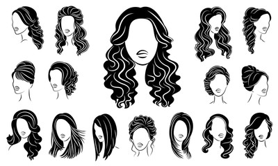 Collection. Silhouette profile of a cute lady s head. The girl shows her hairstyle for medium and long hair. Suitable for logo, advertising. Vector illustration set