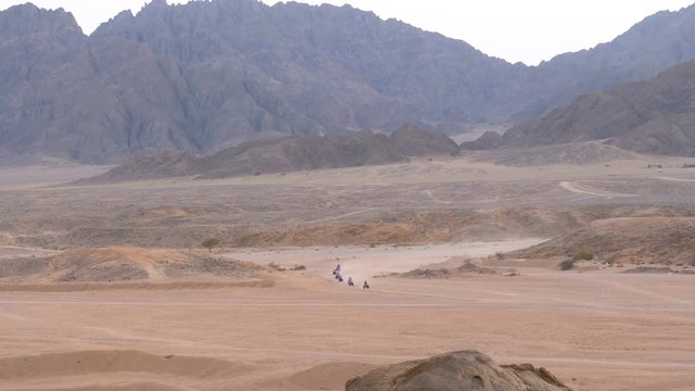 Group on Quad Bike Rides through the Desert in Egypt on backdrop of Mountains. Driving ATVs.