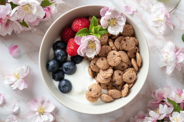 Breakfast cereals with yogurt and spring blossoms