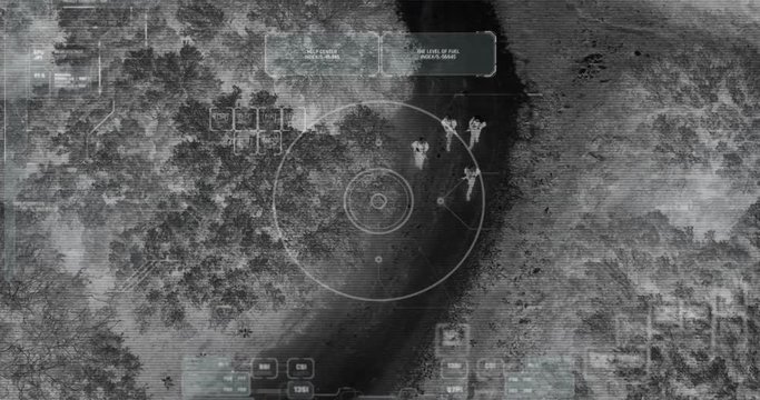 Drone with thermal night vision view of terrorist squad walking with weapons