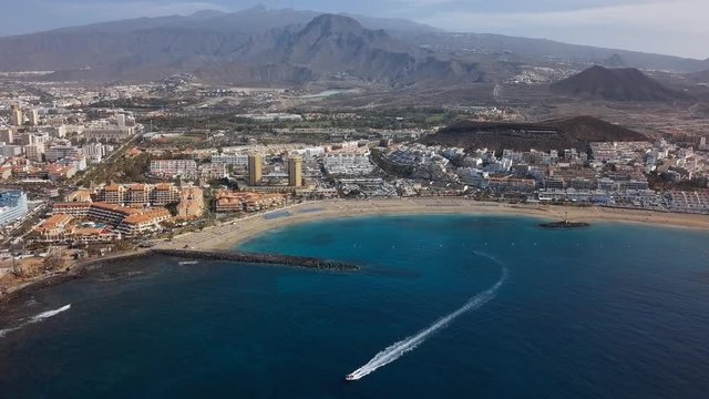 Aerial panorama of Los Cristianos resorts, Fuente Playa de las Vistas and Playa del Camison beach, Tenerife, Canary islands, Spain.