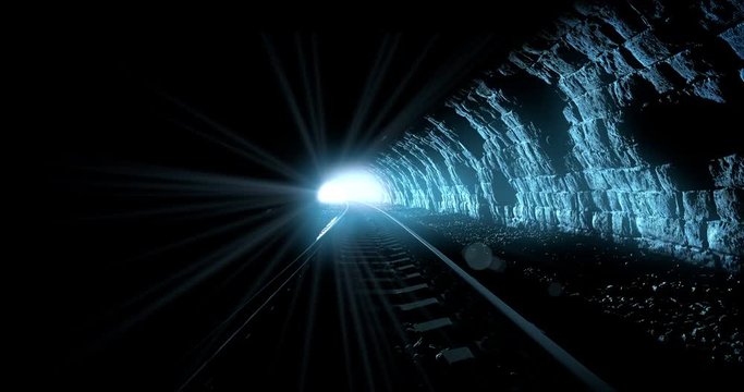 Moving through a railway tunnel towards the light, 3D looping animation