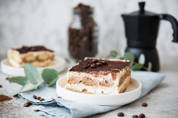 Homemade tiramisu cake. Classic Italian dessert.