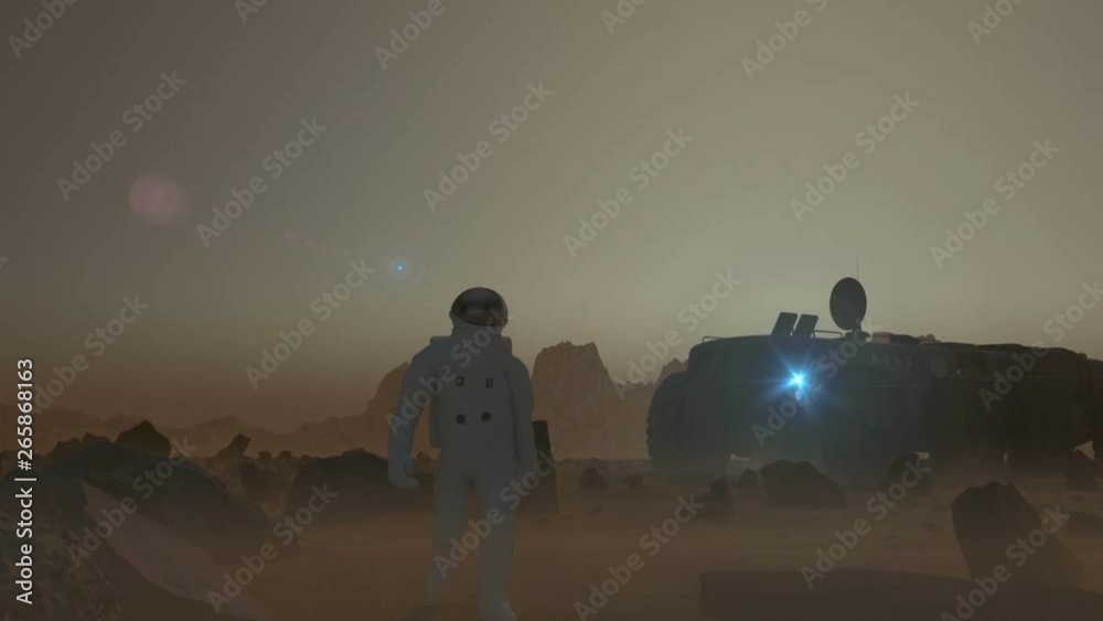 Wall mural astronaut on desolate mars like planet surface, with an all terrain vehicle parked in the background