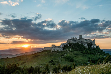 Unique, second biggest castle in Middle Europe - Spis (Spiš, Spišský) castle in last daylight. Unesco Wold Heritage, Slovakia