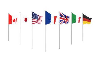 G7 flags Silk waving flags of countries of Group of Seven Canada Germany Italy France Japan USA states United Kingdom 2019. Big Seven. Isolated on white. 3D illustration.