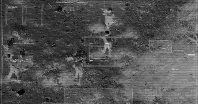 Drone with thermal night vision camera view of soldiers walking during war