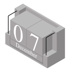 December 7th date on a single day calendar. Gray wood block calendar present date 7 and month December isolated on white background. Holiday. Season. Vector isometric illustration