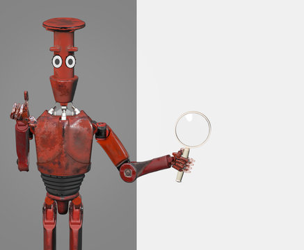 retro red robot searth in internet 3d render.