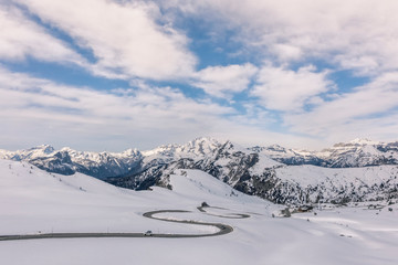 Fototapeta na wymiar Scenic winter landscape with slopes in the mountains, Giau Pass (ital. Passo di Giau), Italy