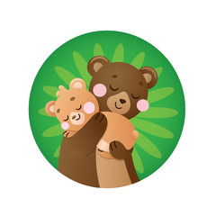 Mom bear is hugging baby bear on green background