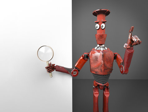 retro red robot searth in internet 3d render.