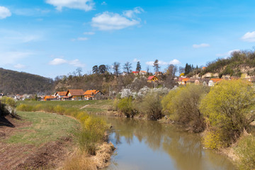 Fototapeta na wymiar Spring landscape with the river Tarnava Mare in Sighisoara
