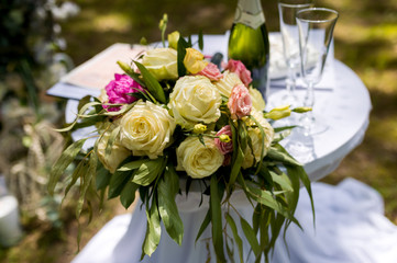 Beautiful wedding decorations for the ceremony outside in sunny weather