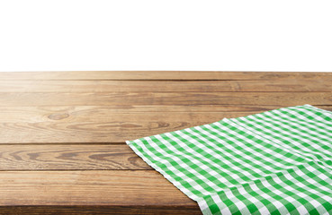 Brown old vintage wooden table with framed checkered tablecloth isolated on white. Thanksgiving day and Cristmas table concept. Top view and copy space. Selective focus