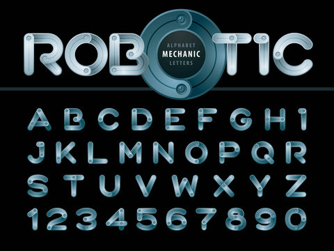 Vector of Modern Robot and Mechanic Alphabet Letters and numbers