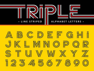 Vector of Modern Alphabet Letters and numbers, Triple Line Stripes Font, Parallel stylized, Three Lines for each letter,
