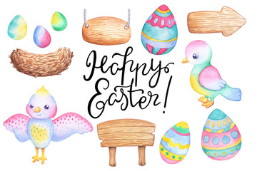 Easter watercolor illustration set with colored egg, bird, wooden stand and a bird nest. Cute birdie character.