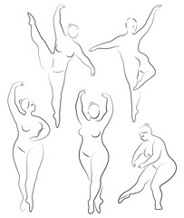 Vector illustration of overweight woman silhouettes. Black and white, differrent poses