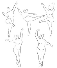 Vector illustration of overweight woman silhouettes. Black and white, differrent poses