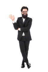 Hi, nice to see you. Friendly-looking attractive bearded businessman waives hand in hello gesture while smiling cheerfully, saluting concept