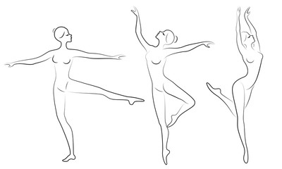 Collection. Silhouette of a cute lady, she is dancing ballet. The girl has a slim beautiful figure. Woman ballerina. Vector illustration set