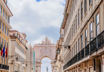 The Rua Augusta Arch, a triumphal arch-like, historical building in Lisbon, Portugal. View from Rua...