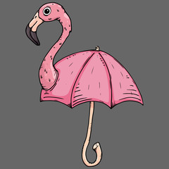 Umbrella icon. Vector illustration of children's umbrella with flamingo. Hand drawn flamingo umbrella.