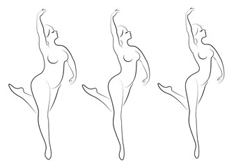 Collection. Silhouette of a cute lady, she is dancing ballet. A woman is overweight. The girl is plump, slim, thin. Woman ballerina, gymnast. Vector illustration set
