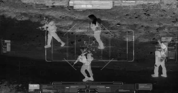 Drone with thermal night vision view of terrorists with camera zooming in