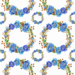 Seamless pattern with blue cornflowers and floral  elements Hand painted in watercolor.