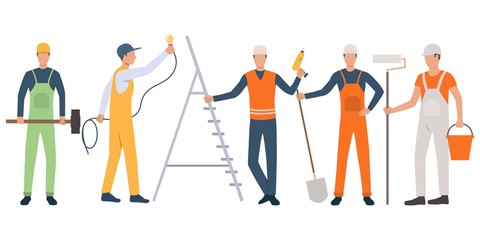 Set of builders, painter, electrician, painter and handymen working. Group of men wearing uniform and holding tools. Vector illustration for building work presentation slide, construction business