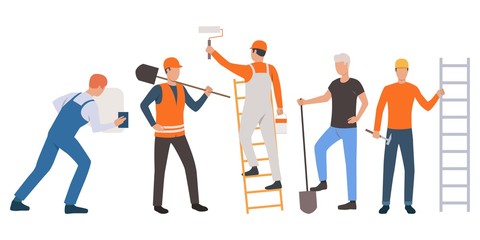 Set of builders, painter, plasterer and handymen working. Group of men wearing uniform and holding tools. Vector illustration for building work presentation slide, construction business