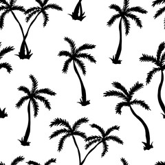 Vector illustration of a hand drawn palm trees. Seamless vector pattern with sihouette tropical palm trees