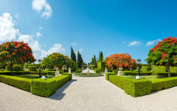 Israel, North District, Upper Galilee, Acre (Akko). Baha'i Gardens Akko, location of the Shrine of Baha'u'llah, the most holy place for people of Bahai faith.