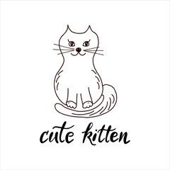 Black and white Cute baby cat hand drawn vector illustration with calligraphic inscription. Can be used for coloring, baby t-shirt print, fashion print design, kids wear, baby shower celebration