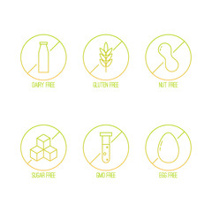 Vector set of food diet labels for non GMO foods, sugar and allergens. Icons in linear style.