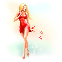 Obraz na płótnie Canvas illustration, art, on white background, beautiful blonde in red dress looking at butterflies