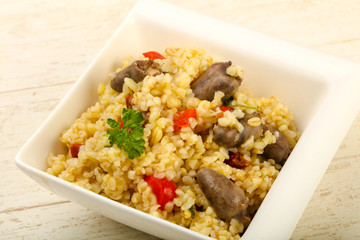 Bulgur with chicken hearts